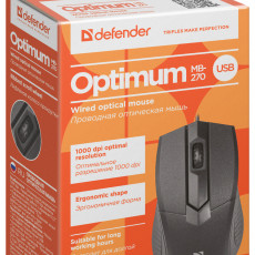 Мышь DEFENDER Optimum MB-270, черный, USB, проводная, 3 кнопки,1000 dpi, Тип сенсора: оптический, Длина кабеля: 1.5±5% м, 1 шт