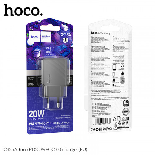 Блок питания сетевой 1 USB, 1 Type-C HOCO CS25A Rico, 3.0A, PD20Вт, цвет: чёрный (1/28/168)