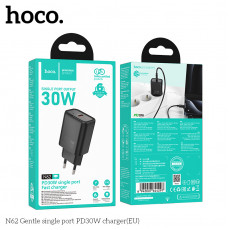 Блок питания сетевой 1 Type-C HOCO N62 Gentle, 3.0A, PD30Вт, цвет: чёрный (1/12/120)