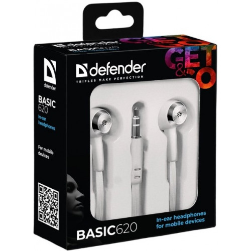Наушники DEFENDER, Basic 620, белый, вакуумные, шнур 1,1м, Чувствительность: 105 дБ, Импеданс: 32 Ом, Частотный диапазон: 20–20000 Гц, Длина кабеля: 1.1 м, Разъемы: 3,5-мм джек (1/50)