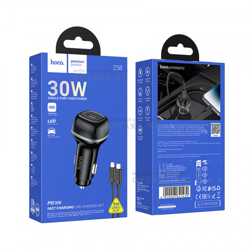 Блок питания автомобильный 1 Type-C HOCO Z58 Rank, 3.0A, пластик, QC3.0, PD30Вт, цвет: чёрный (1/11/110)