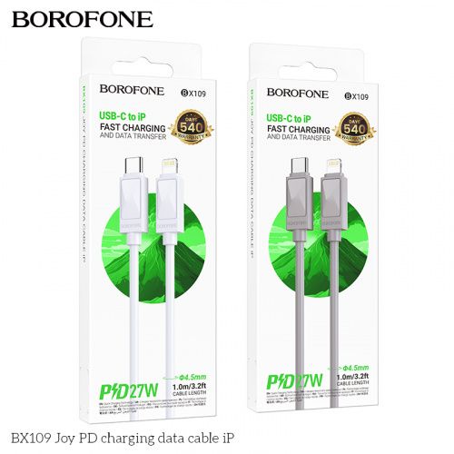 Кабель Type-C - 8 pin Borofone BX109 Joy, 1.0м, 3.0A, PD27Вт, пластик, цвет: белый (1/360)