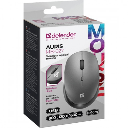 Беспроводная оптическая мышь Defender Auris MB-027 серый,4D,800-1600dpi,бесшумн (1/40)