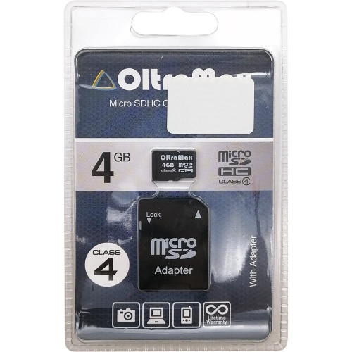 Карта памяти MicroSD 4GB OltraMax Class 4 + SD адаптер, 1 шт.