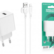 Блок питания сетевой 1 USB Borofone BAS11A Erudite, пластик, 2.1A, кабель USB - 8 pin, цвет: белый (1/60/240)