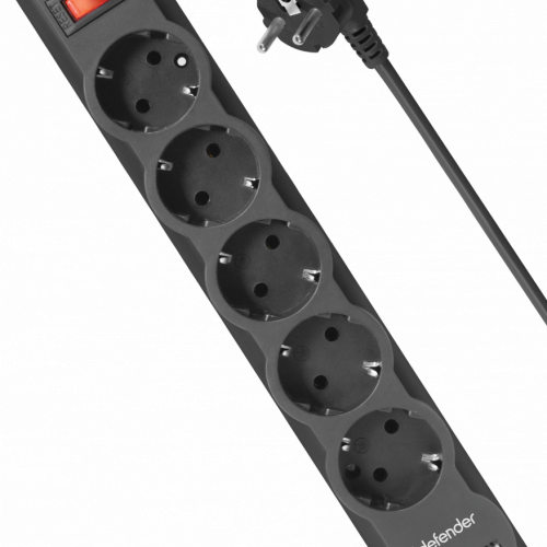 Сетевой фильтр DEFENDER DFS753, 5 розеток, ПВС 3*1,0 мм2, мощность 2200 Вт, ток 10А, черный, 3,0 м 2xUSB, 2.1A (1/30)