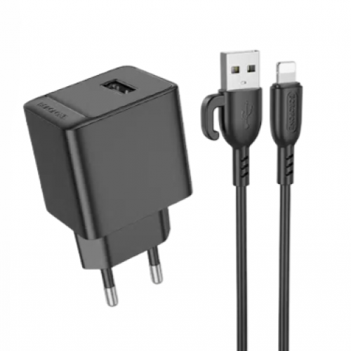 Блок питания сетевой 1 USB Borofone BAS11A Erudite, пластик, 2.1A, кабель USB - 8 pin, цвет: чёрный (1/60/240)