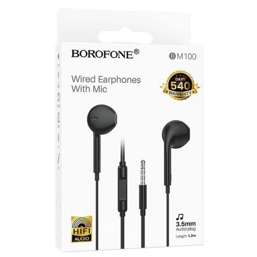 Наушники внутриканальные Borofone BM100 Max Fuente, пластик, микрофон, кабель Type-C, 1.2м, цвет: черный (1/244)