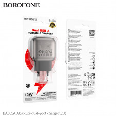 Блок питания сетевой 2 USB Borofone BAS51A Absolute, пластик, 2.4А, цвет: чёрный (1/72/288)