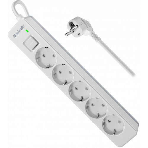 Сетевой фильтр DEFENDER DFS135, 5 розеток, ПВС 3*1,5 мм2, мощность 3680 Вт, ток 16А, защ. шторки, белый, 5,0 м (1/20)