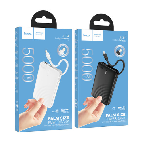 Аккумулятор внешний HOCO J134 Strong, 5000mAh, пластик, 1 USB выход, кабель 8 pin, 2.0А, цвет: белый (1/70)