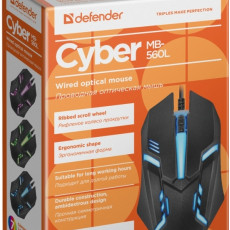 Мышь DEFENDER Сyber MB-560L, черный, USB, 7 цветов, 3 кнопки, проводная, Количество кнопок: 2 + колесо-кнопка, Тип сенсора: оптический, Разрешение: 1200 dpi (1/40)