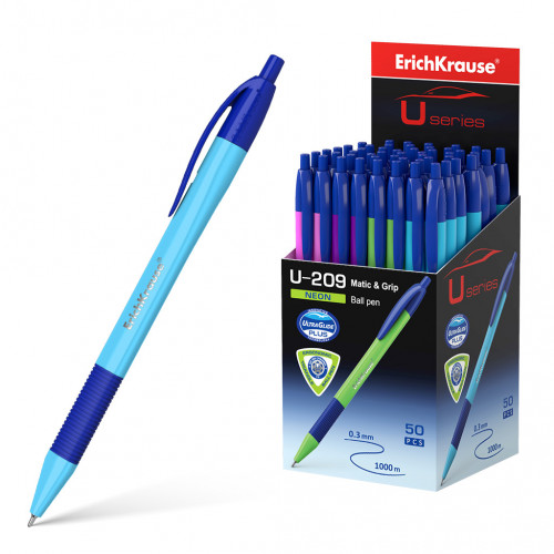 Ручка шариковая автоматическая ErichKrause® U-209 Neon Matic&Grip 1.0, Ultra Glide Technology, цвет чернил синий (в коробке по 50 шт.)