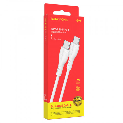 Кабель Type-C - Type-C Borofone BX51 Triumph, 1.0м, круглый, 3,0А, пластик, PD60W, цвет: белый (1/360)