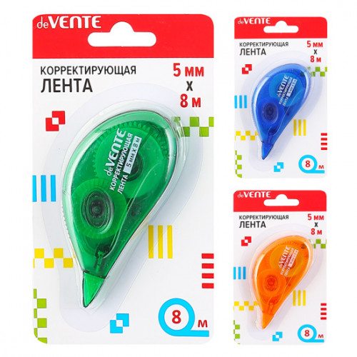 Корректирующая лента "deVENTE" 5 ммx08 м, 3 цвета ассорти (синий, зеленый, оранжевый) фронтальный ап