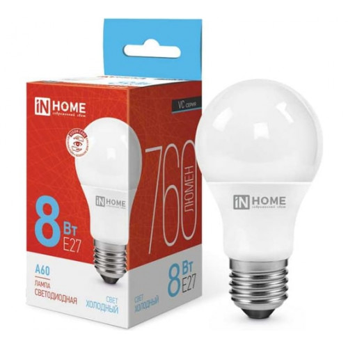 Лампа светодиодная LED-A60-VC 8Вт 230В Е27 6500К 760Лм IN HOME, арт. 4690612024042