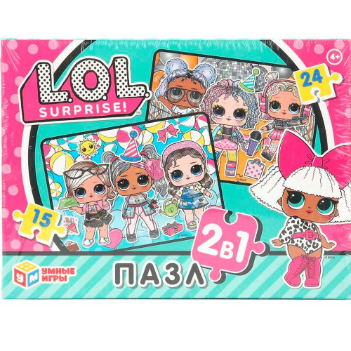 L.O.L. Пазлы в коробке, набор 2 в 1: 15 и 24 детали. 190х140х35 мм. Умные игры в кор.24шт