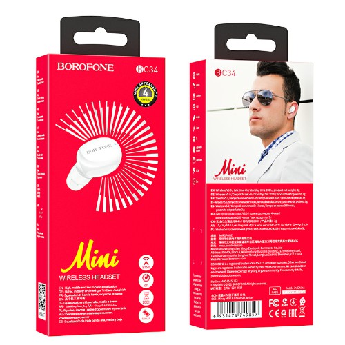 Наушники внутриканальные Borofone BC34, MIKEY, bluetooth 5.0, моно, цвет: белый(1/192)