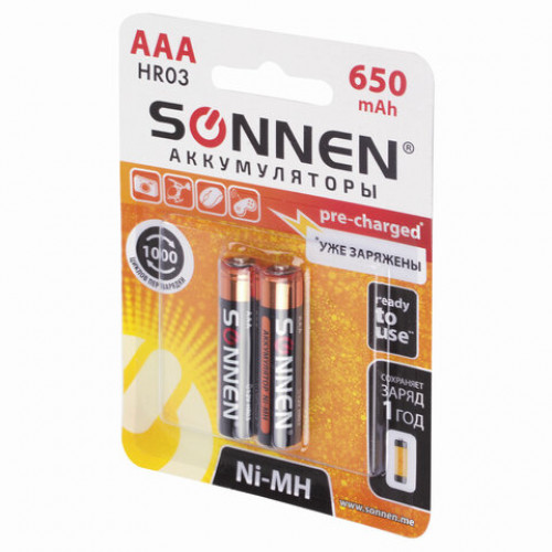 Батарейки аккумуляторные КОМПЛЕКТ 2 шт., SONNEN, AAA (HR03), Ni-Mh, 650 mAh, в блистере, 454236