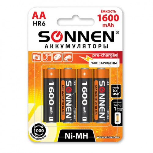 Батарейки аккумуляторные КОМПЛЕКТ 4шт, SONNEN, АА (HR06), Ni-Mh, 1600mAh, в блистере,455605