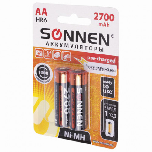 Батарейки аккумуляторные КОМПЛЕКТ 2 шт., SONNEN, АА (HR6), Ni-Mh, 2700 mAh, в блистере, 454235