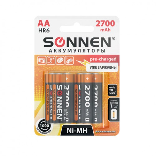 Батарейки аккумуляторные КОМПЛЕКТ 6 шт, SONNEN, АА (HR06), Ni-Mh, 2700mAh, в блистере, 455608