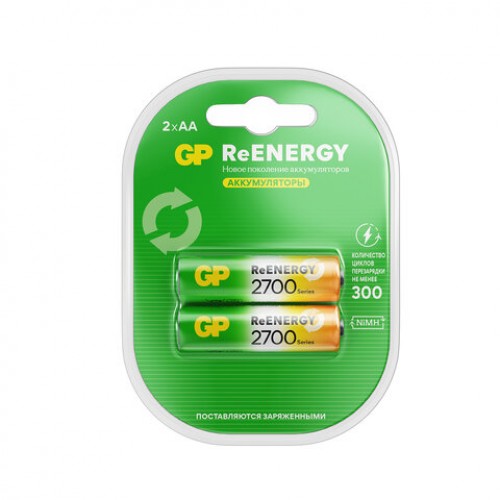 Батарейки аккумуляторные GP ReEnergy Ni-Mh пальчиковые КОМПЛЕКТ 2 шт., АА (HR6), 2600 mAh, 270AAHCRGY, 270AAHCRGY-2CR