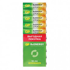 Батарейки аккумуляторные GP ReEnergy Ni-Mh пальчиковые КОМПЛЕКТ 10 шт., АА (HR6), 2600 mAh, 270AAHCRGY, 270AAHC-CRB10