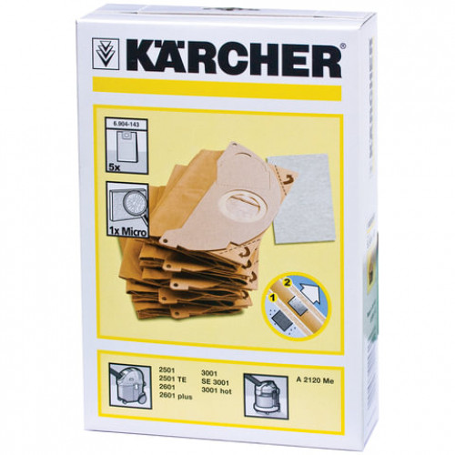 Мешки для сбора пыли KARCHER, комплект 5 шт., бумажные, +1 микрофильтр, для пылесоса SE 5.100, 6.904-143.0