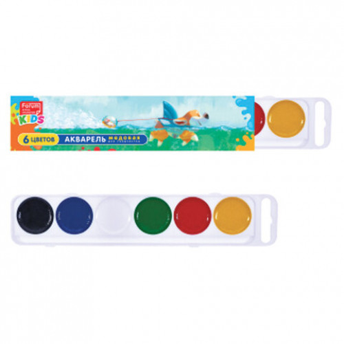 Краски акварельные FORUM Зверята 6 цветов, медовые, круглые кюветы, картонная коробка, FA-EV-006-Z