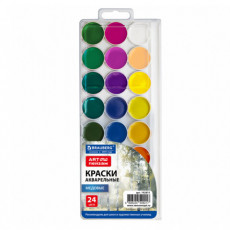 Краски акварельные BRAUBERG ART ПЕЙЗАЖ, медовые, 24 цвета, круглые кюветы, пластиковый пенал с европодвесом, 192815