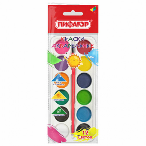 Краски акварельные ПИФАГОР СОЛНЫШКО 12 цветов, круглые кюветы, на коррексе, 192636