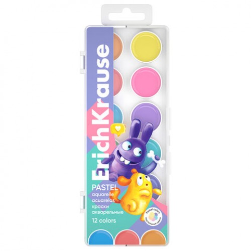 Краски акварельные ERICH KRAUSE Jolly Friends Pastel, 12 цветов, пластиковый пенал, е, 61370