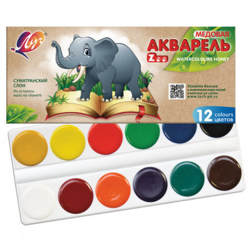 Краски акварельные ЛУЧ Zoo, 12 цветов, медовые, без кисти, картонная коробка, 19С1247-08