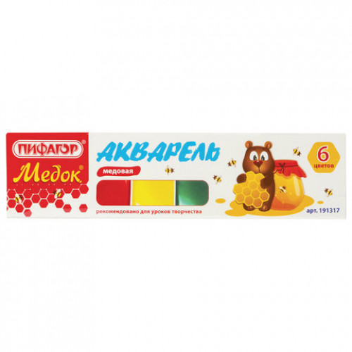 Краски акварельные ПИФАГОР МЕДОК, 6 цветов, медовые, без кисти, картонная коробка, 191317