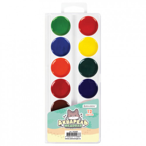Краски акварельные BRAUBERG МИЛЫЕ КОТЫ, медовые, 12 цветов, круглые кюветы, 192685