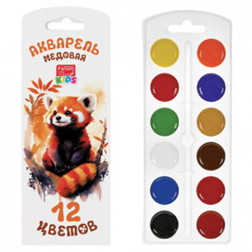 Краски акварельные FORUM Зверята 12 цветов, медовые, круглые кюветы, картонная коробка, FA-EV-012E