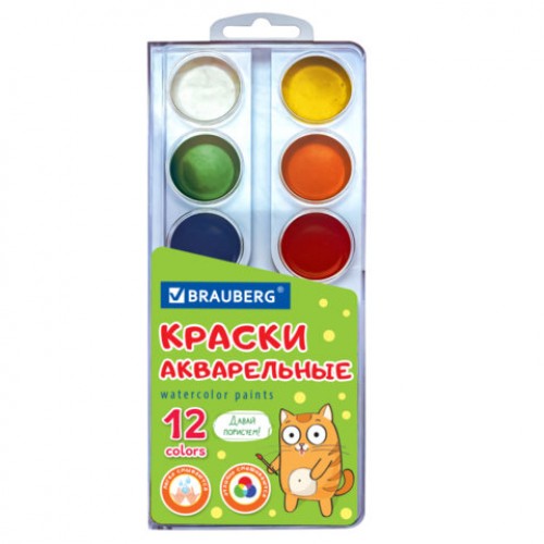 Краски акварельные BRAUBERG 12 цветов Кот-Энтузиаст, медовые, круглые кюветы, 192553