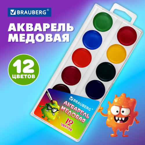 Краски акварельные BRAUBERG МОНСТРИКИ, медовые, 12 цветов, круглые кюветы, 192641