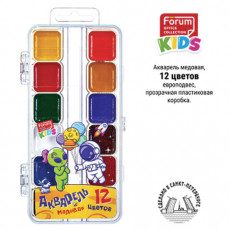 Краски акварельные FORUM КОСМО, медовые, 12 цв, квадратные кюветы,прозрачн. пластик,FA-EV-1012-Aln