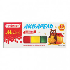 Краски акварельные ПИФАГОР МЕДОК 12 цветов, медовые, без кисти, картонная коробка, 191518