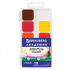 Краски акварельные BRAUBERG АКАДЕМИЯ, 10 цветов, медовые, квадратные кюветы, пластиковый пенал, 190550 Краски акварельные BRAUBERG АКАДЕМИЯ, 10 цветов, медовые, квадратные кюветы, пластиковый пенал, 190550
