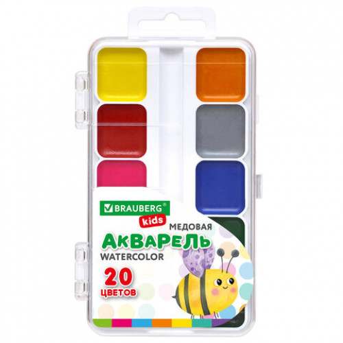 Краски акварельные BRAUBERG KIDS, медовые, 20 цветов, квадратные кюветы, пластиковый пенал, 192283