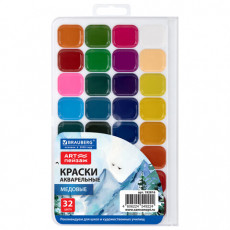 Краски акварельные для школ и худож. училищ BRAUBERG ART ПЕЙЗАЖ, медовые, 32 цвета, квадратные кюветы, пластик.пенал с европодвесом,192816
