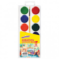 Краски акварельные ЮНЛАНДИЯ ШКОЛЬНЫЕ, 12 цветов, медовые, КИСТЬ в комплекте, пластиковый пенал, 192795