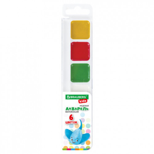 Краски акварельные BRAUBERG KIDS, медовые, 6 цветов, квадратные кюветы, пластиковый пенал, 192281