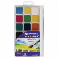 Краски акварельные BRAUBERG АКАДЕМИЯ 18 цветов, медовые, квадратные кюветы, пластиковый пенал, 191521