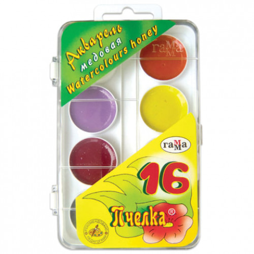 Краски акварельные ГАММА Пчелка, 16 цветов, медовые, без кисти, пластиковая коробка, европодвес, 212042