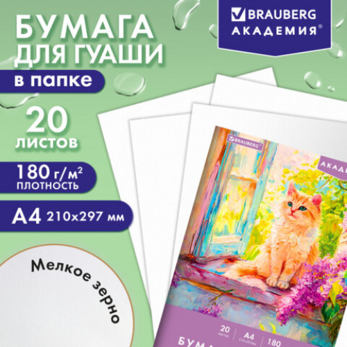 Бумага для гуаши А4 20 л., 180 г/м2, 210х297 мм, в папке, BRAUBERG АКАДЕМИЯ, Котик, 117737