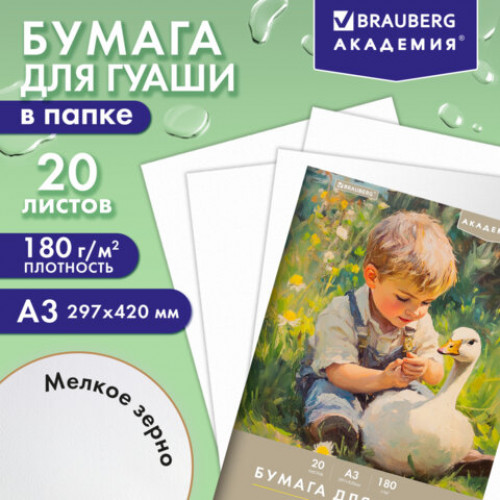 Бумага для гуаши А3 20 л., 180 г/м2, 297х420 мм, в папке, BRAUBERG АКАДЕМИЯ, Мальчик с гусём, 117738